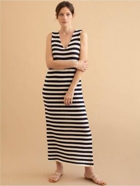 Mus & Bombon Palawan Maxi Dress Medium Navy Cream Stripe Cotton Knit NWT
